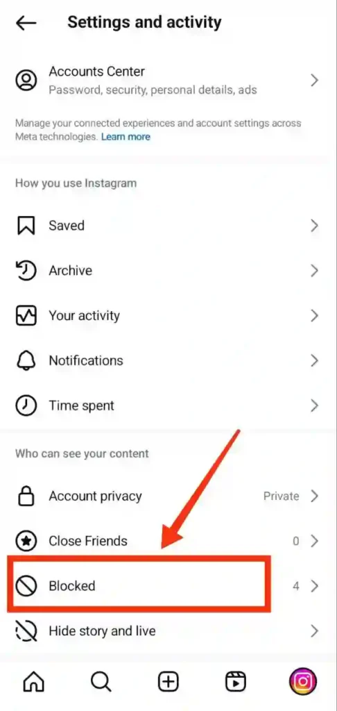 step 3- Instagram par block list kaise dekhe