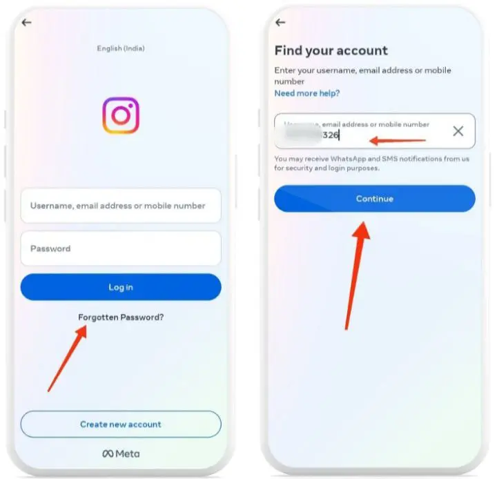 step 1 - मोबाइल नंबर से इंस्टाग्राम का पासवर्ड रिसेट करे