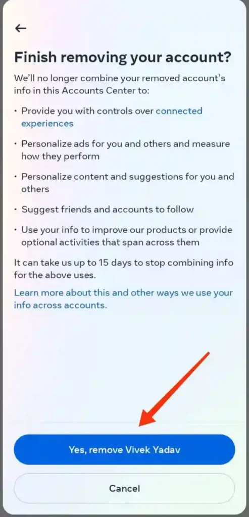 स्टेप 8 - इंस्टाग्राम से फेसबुक अकाउंट को कैसे हटाये